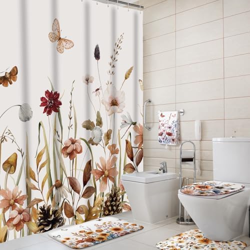 Honoson Fall Wildflower Shower Curtain Bathroom Set with Rug and Towls