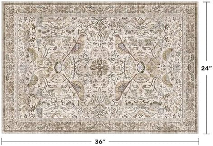 Boho Moss 2x3 Indoor Rugs for Entryway, Vintage Washable Small Throw Rug for Kitchen, Non Slip Soft Floral Bathroom Carpet with Bird Pattern, Low Pile & Stain Resistant