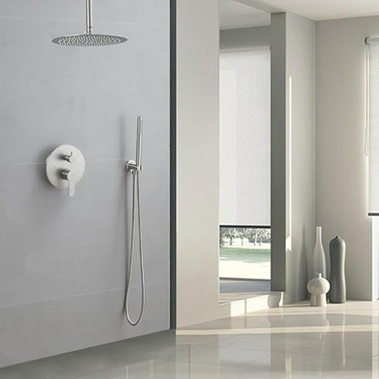 Brushed Nickel Ceiling Mount Round Rain Shower System with 12 Inch Shower Head and Handheld Bathroom Shower Set Contain Shower Faucet Trim Kit (Mixer Valve Included)