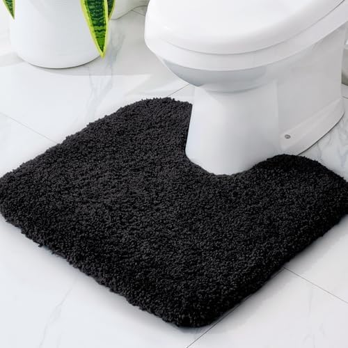 Disolla Toilet Mat 22x24 Black - Non Slip Fluffy U-Shaped Contour Rug, Ultra-Soft Plush Toilet Floor Mat, Absorbent & Machine Washable