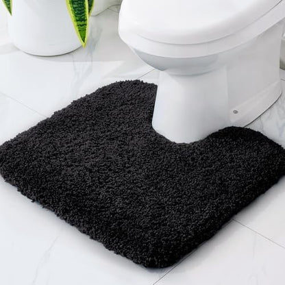 Disolla Toilet Mat 22x24 Black - Non Slip Fluffy U-Shaped Contour Rug, Ultra-Soft Plush Toilet Floor Mat, Absorbent & Machine Washable