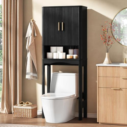 Vabches Farmhouse Over the Toilet Storage Cabinet with 2 Fluted Doors,Black