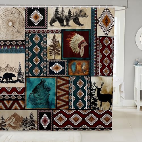 Rustic Cabin Shower Curtain Western Boho Bath Curtain Country Retro Aztec Southwest Native Bathroom Accessories Farmhouse Wildlife Camping Waterproof Polyester Fabric for Stalls Bathtubs 72"x72"