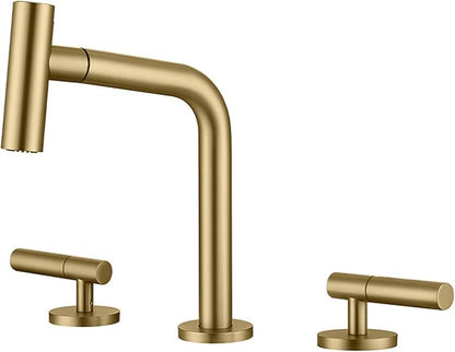 3 Hole Basin Faucets Pull Out Basin Mixer Faucet Brass 2 Mode Hot and Cold Water Double Handle Bathroom Mixer Faucet-Brushed Gold