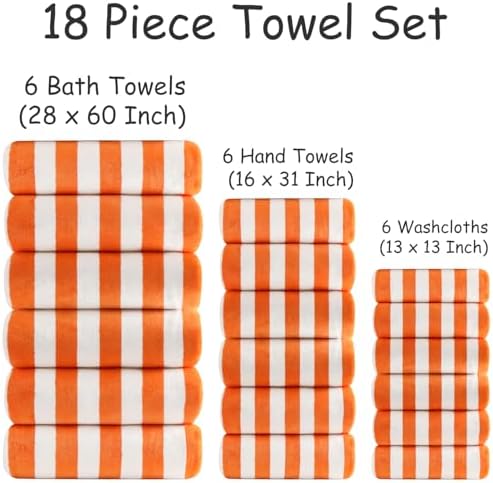 18 Pcs Orange Stripe Bath Towel Set with Hanging Loop-6 Bath Towels,6 Hand Towels,6 Washcloths Soft Family Towels Bathroom Towel Highly Absorbent Quick Dry Shower Towel for Beach Chair Spa Gym Hotel