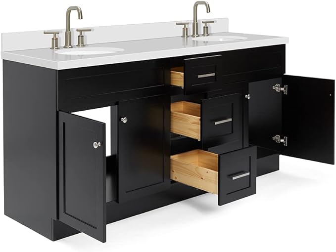 ARIEL Hamlet 72-inch Bathroom Vanity with Sink,Solid Wood, 1.5-inch Pure White Quartz Countertop & Backsplash, Double Oval Porcelain Sink, 4 Soft Closing Doors, 3 Dovetail Drawers, Black