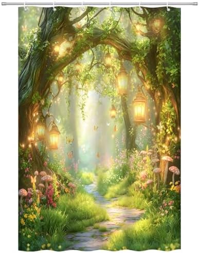 Fantasy Forest Path Shower Curtain Fairy Magical Enchanted Misty Jungle Mushroom Floral Tree Butterfly Lantern Spring Wonderland Bath Curtain Fabric Bathroom Accessories Decor with Hooks 35W x70L