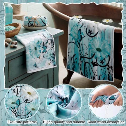 Moukeren Set of 3 Teal Daisy Bath Towels, Decorative Towels for Bathroom