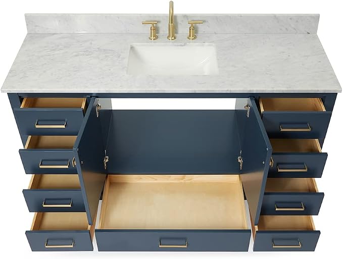 ARIEL Cambridge 60-inch Bathroom Vanity with Sink,Solid Wood, 0.75-inch Italian Carrara Marble Countertop, Single Rectangular Porcelain Sink, 2 Soft Closing Doors, 9 Dovetail Drawers, Midnight Blue