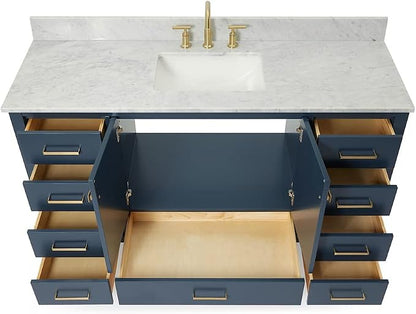 ARIEL Cambridge 60-inch Bathroom Vanity with Sink,Solid Wood, 0.75-inch Italian Carrara Marble Countertop, Single Rectangular Porcelain Sink, 2 Soft Closing Doors, 9 Dovetail Drawers, Midnight Blue