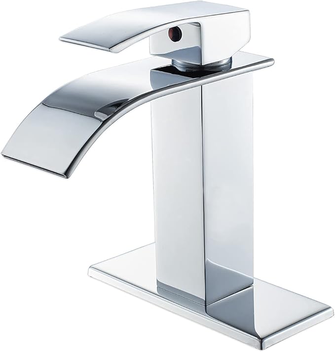 VOTON Chrome Bathroom Faucets Modern Single Handle Waterfall Sink Faucet for 1 or 3 Holes with Deck Plate, Rv Sink Camper Farmhouse Bathroom Utility Remodel Faucet