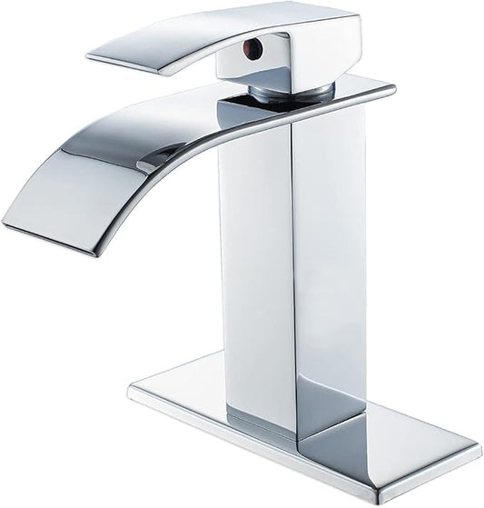 VOTON Chrome Bathroom Faucets Modern Single Handle Waterfall Sink Faucet for 1 or 3 Holes with Deck Plate, Rv Sink Camper Farmhouse Bathroom Utility Remodel Faucet