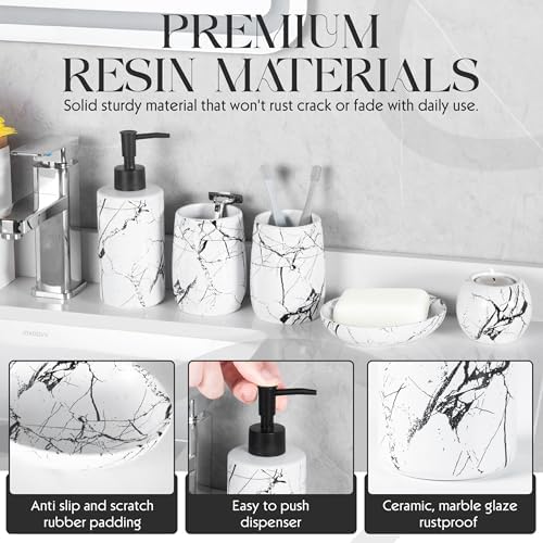 Ceramic Bathroom Accessory Set, 5-Piece Bathroom Accessory Set, Soap Dish, Toothbrush Holder, Soap Dispenser, Bathroom Tumbler & Candle Holder - Modern Bathroom Organizer, (White & Black)