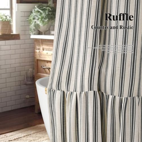 Farmhouse Shower Curtain Ruffle Linen Cream-Black Stripe 48"W x 72"L