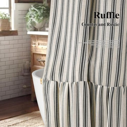 Farmhouse Shower Curtain Ruffle Linen Cream-Black Stripe 48"W x 72"L