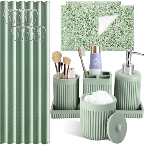 XLHOMO Light Green Bathroom Sets with Shower Curtain and Rugs, 8-Piece Resin Bathroom Accessories Sets Complete, Soap Dispenser, Toothbrush Holder, Tumbler, Tray & Apothecary Jars Bathroom Essentials