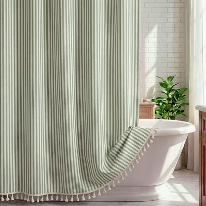 HunnmingRe Sage Green Farmhouse Striped Shower Curtain Tasseled 72x72 Inch