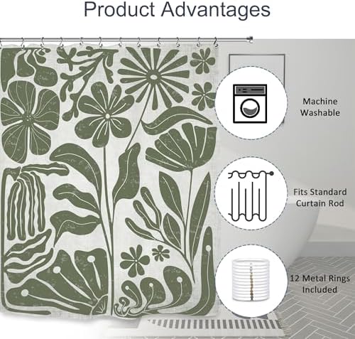 Sage Green Retro Matisse Flower Shower Curtain 60Wx72L Inch Vintage Aesthetic Minimalist Cute Art 70s Trendy Modern Bathroom Set Accessories Decor with 12 Pack Hooks