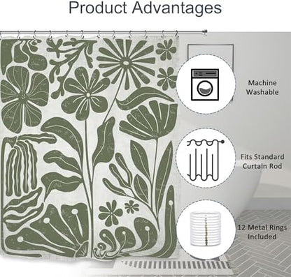 Sage Green Retro Matisse Flower Shower Curtain 60Wx72L Inch Vintage Aesthetic Minimalist Cute Art 70s Trendy Modern Bathroom Set Accessories Decor with 12 Pack Hooks