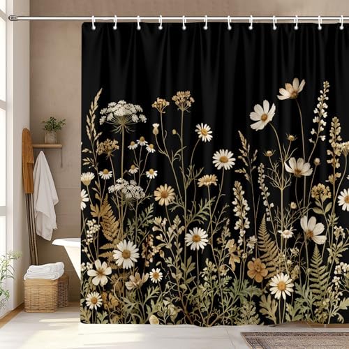 Black Daisy Floral Shower Curtain, Boho Retro Elegant Botanical Design Shower Curtain Set, Vintage Wildflower Shower Curtain for Bathroom, Modern Aesthetic Decor with 12PCS Hooks, 72X72In