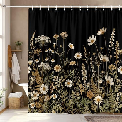 Black Daisy Floral Shower Curtain, Boho Retro Elegant Botanical Design Shower Curtain Set, Vintage Wildflower Shower Curtain for Bathroom, Modern Aesthetic Decor with 12PCS Hooks, 72X72In