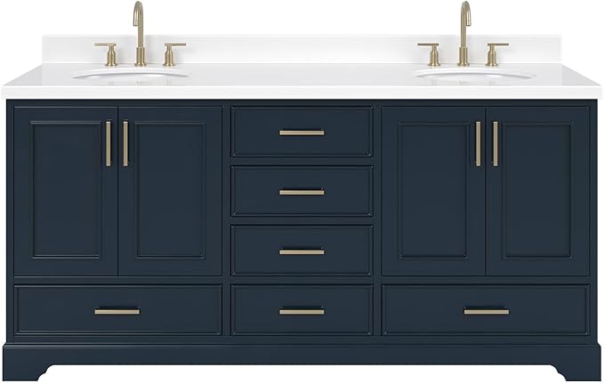 ARIEL Stafford 72-inch Bathroom Vanity with Sink,Solid Wood, 1.5-inch Pure White Quartz Countertop & Backsplash, Double Oval Porcelain Sink, 4 Soft Closing Doors, 6 Dovetail Drawers, Midnight Blue