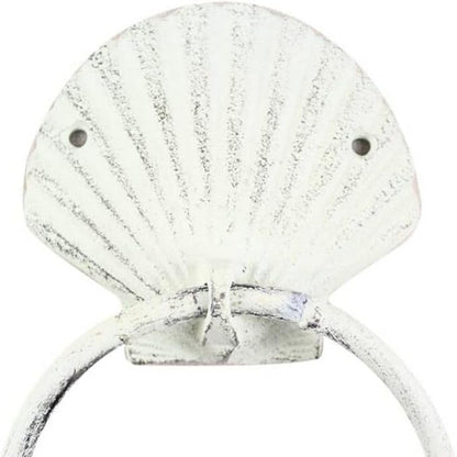 Rustic Whitewashed Cast Iron Seashell Towel Holder 8.5 Inch - Seashell Decoration - Sea Home Decor