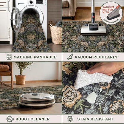 Washable Boho Round Rugs 8ft for Living Room, Ultra Soft Forest Large Circular Area Rugs for Bedroom, Dining Room Under Kitchen Table Non-Slip, Vintage Green Floral Round Floor Carpet Décor