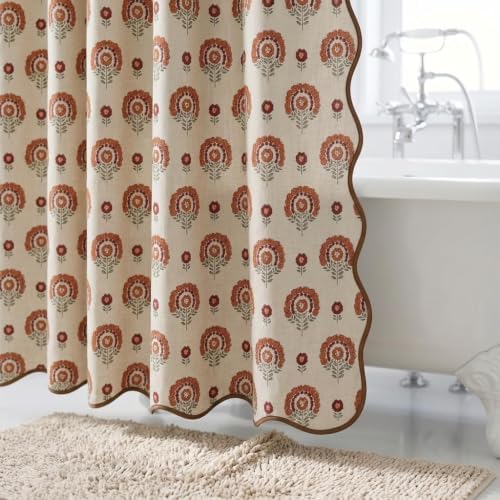 Boomkin Block Print Scalloped Shower Curtain Set with 12 Hooks