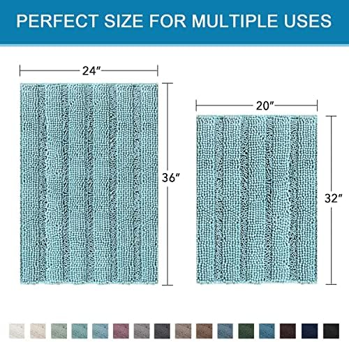 H.VERSAILTEX Bathroom Rugs Bath Mats Sets Super Absorbent Chenille Striped Bath Mats Non Skid Machine Wash Dry Rugs for Bathroom Floor Set of 2(Aqua Haze, 24 x 36 Plus 20 x 32 - Inches)