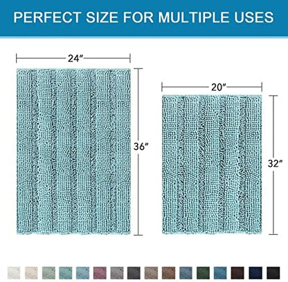 H.VERSAILTEX Bathroom Rugs Bath Mats Sets Super Absorbent Chenille Striped Bath Mats Non Skid Machine Wash Dry Rugs for Bathroom Floor Set of 2(Aqua Haze, 24 x 36 Plus 20 x 32 - Inches)