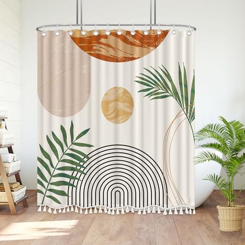 Boho Mid Century Leaf Shower Curtain Set,Arch Sun Design,Minimalistic Leaves Pattern,Waterproof and Luxurious Fabric-12 Hooks(Beige-72" x 72")