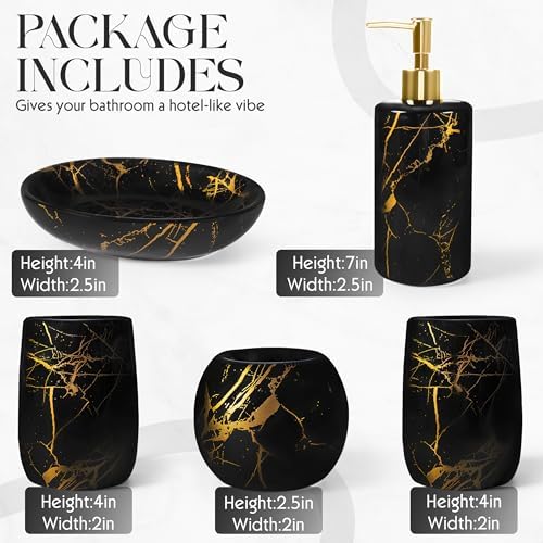 Ceramic Bathroom Accessory Set, 5-Piece Bathroom Accessory Set, Soap Dish, Toothbrush Holder, Soap Dispenser, Bathroom Tumbler & Candle Holder - Modern Bathroom Organizer, (Black & Gold)