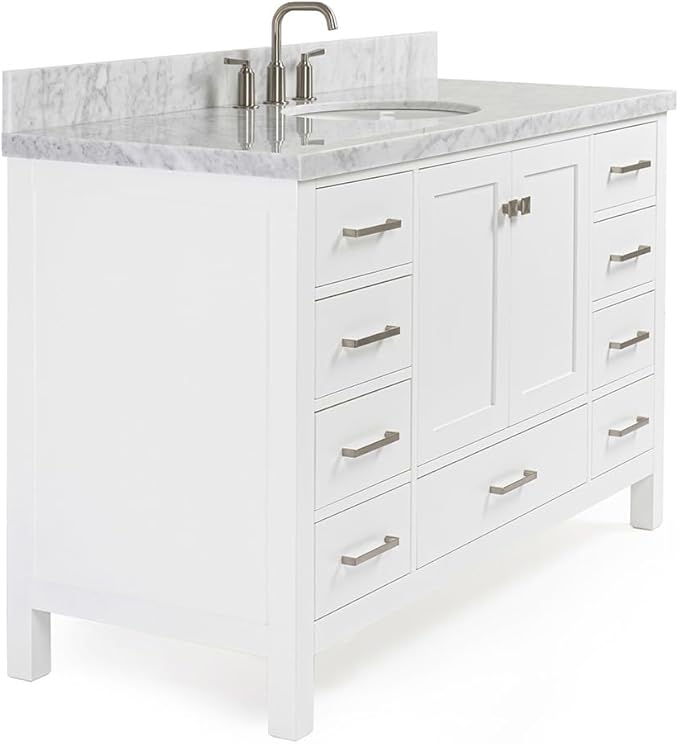 ARIEL Cambridge 54-inch Bathroom Vanity with Sink,Solid Wood, 1.5-inch Italian Carrara Marble Countertop & Backsplash, Single Oval Porcelain Sink, 2 Soft Closing Doors, 9 Dovetail Drawers, White