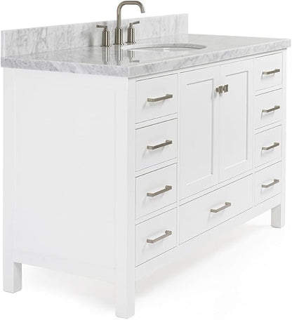 ARIEL Cambridge 54-inch Bathroom Vanity with Sink,Solid Wood, 1.5-inch Italian Carrara Marble Countertop & Backsplash, Single Oval Porcelain Sink, 2 Soft Closing Doors, 9 Dovetail Drawers, White