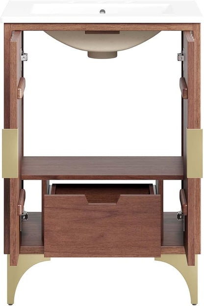 Modway Daylight Bathroom Vanity Cabinet with Ceramic Sink Basin, 24 Inch, White Walnut