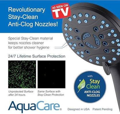 AquaCare 50-mode High Pressure Shower Head Combo with Arm & Dual Power Wash | Hygienic Jets, 2-mode Handheld Power Wash for Tub, Tile & Pets, Long 6 ft. Stainless Steel Hose, Extra Wall Bracket / Black