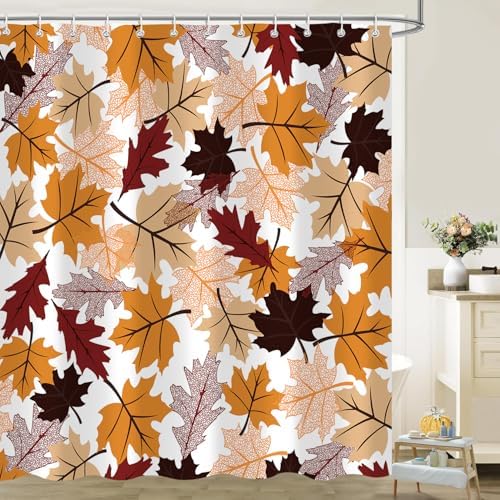 Fall Maple Leaf Shower Curtain, Autumn Thanksgiving Bathroom Decor, 72 x 72 Inch Polyester Fabric Waterproof Bathroom Curtain with 12 Hooks