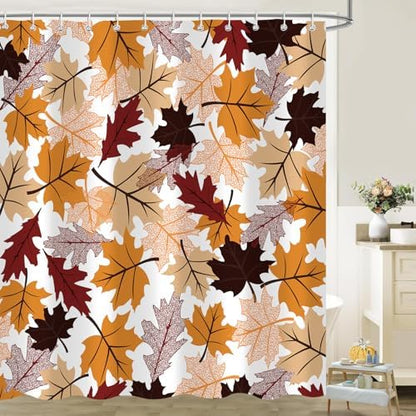 Fall Maple Leaf Shower Curtain, Autumn Thanksgiving Bathroom Decor, 72 x 72 Inch Polyester Fabric Waterproof Bathroom Curtain with 12 Hooks