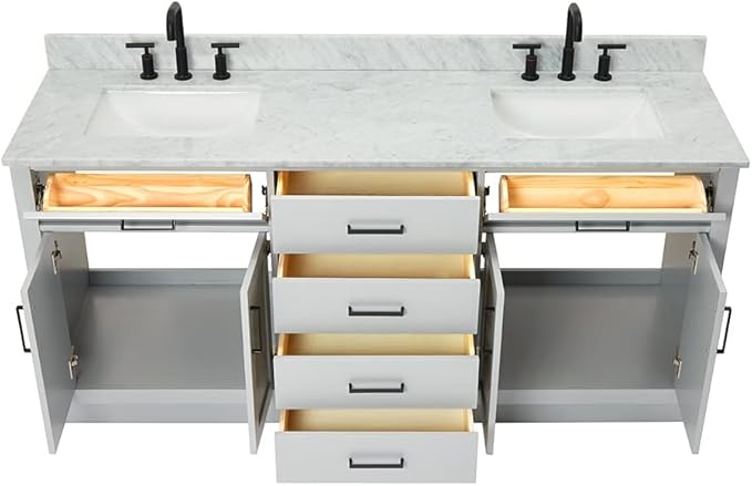 ARIEL Hepburn 72-inch Bathroom Vanity with Sink,Solid Wood, 0.75-inch Italian Carrara Marble Countertop, Double Rectangular Porcelain Sink, 4 Soft Closing Doors, 6 Dovetail Drawers, Grey