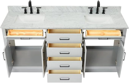 ARIEL Hepburn 72-inch Bathroom Vanity with Sink,Solid Wood, 0.75-inch Italian Carrara Marble Countertop, Double Rectangular Porcelain Sink, 4 Soft Closing Doors, 6 Dovetail Drawers, Grey