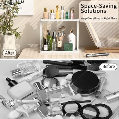 PEKER Bamboo Bathroom Organizer Countertop – Small Vanity Storage Shelf for Makeup, Perfume, Skincare – Natural Cosmetics Display Rack for Dresser, Sink, Kitchen –White