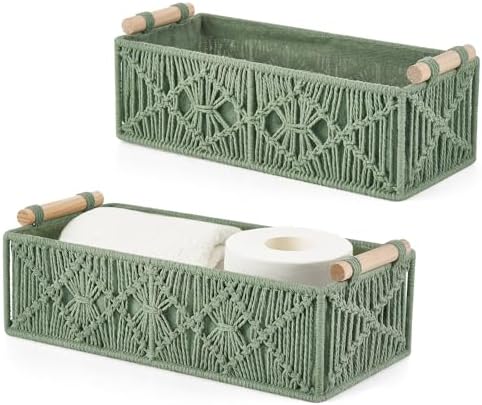 Mkono 2Pc Macrame Storage Basket, Boho Decor Toilet Paper Holder, Green