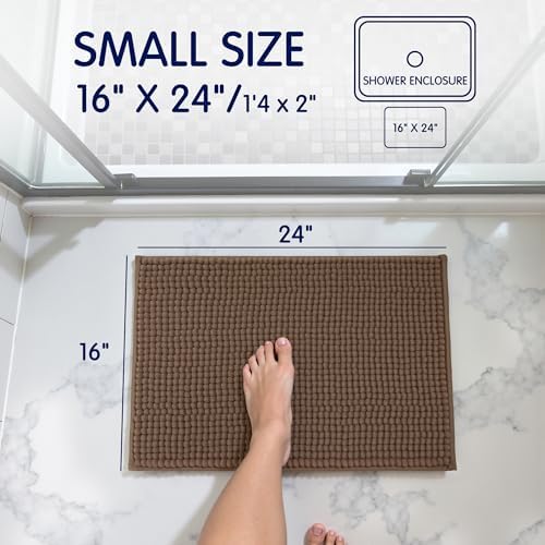 SUBRTEX Bathroom Rugs Chenille Bath Rug Soft Short Plush Bath Mat Soft Shower Mat Water Absorbent Shower Mat Quick Dry Machine Washable(Brown,18" x 24")