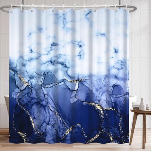 Navy Blue Marble Waterproof Bathroom Shower Curtain 65x72 inches