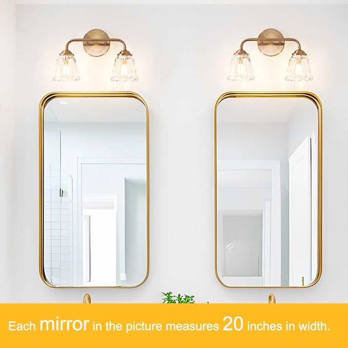 Vintage Brass Vanity Light, 2-Light Bathroom Lighting Fixtures Over Mirror, Elegant Vanity Lighting for Bathroom with Clear Glass Shade, Gold Wall Sconce Lighting for Bedroom, Living Room