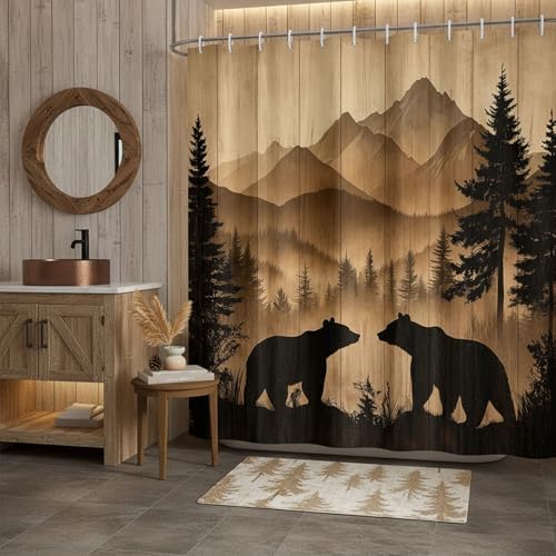Bear Shower Curtain, Rustic Cabin Forest Shower Curtain Brown Wooden Print Wildlife Country Bath Curtains with Hooks, Hunting Camping Waterproof Polyester Fabric Bathroom Decor Accessories,60X70IN