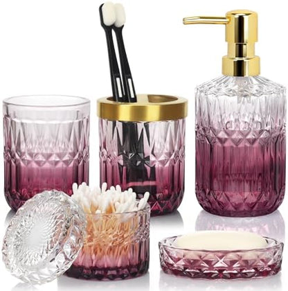Bathroom Accessories Set, 5Pcs Bathroom Soap Dispenser Set, Glass Bathroom Accessories with Glass Soap Dispenser, Soap Dish, Toothbrush Holder, Tumbler, Cotton Swab Jar (Clear & Red)