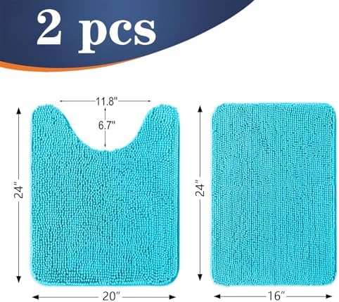 OLANLY Chenille Bathroom Rugs Mats Sets 2 Piece, 24"x16"+24"x20", Aqua Sky