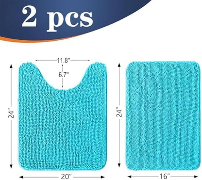 OLANLY Chenille Bathroom Rugs Mats Sets 2 Piece, 24"x16"+24"x20", Aqua Sky